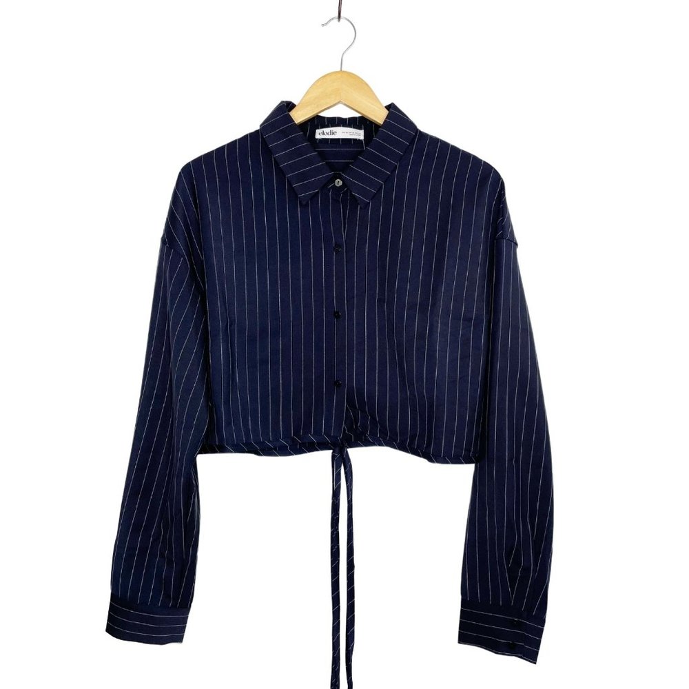 NEW Elodie Black Pinstripe Cropped Button Down Shirt with Tie Waist Size XL